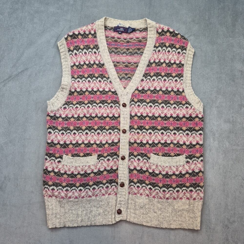 Vintage Carl Michaels 100% Shetland Wool Fair Isle Waistcoat Cardigan Vest Sz XL